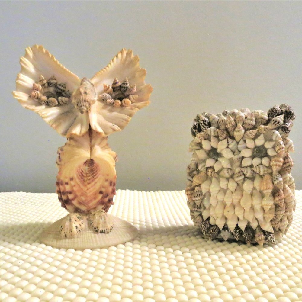 Pair of Handmade Coastal Owl Figurines Unique Artisan Sea Shell Beach Art